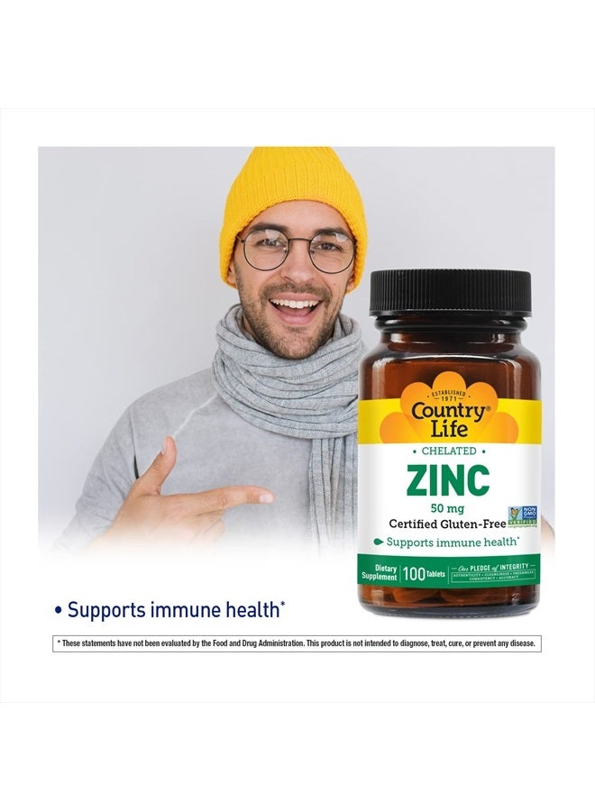 Zinc 50mg, Amino Acid Chelate, 100 Tablets, Certified Gluten Free, Certified Vegan, Non-GMO Verified