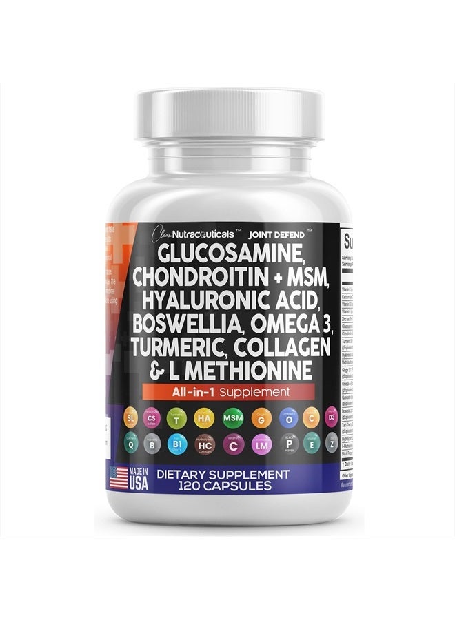 Glucosamine Chondroitin MSM Turmeric Hyaluronic Acid Boswellia Collagen Tart Cherry - Joint Support Supplement Omega 3 Pills Ginger Quercetin Capsules - 120 Count USA