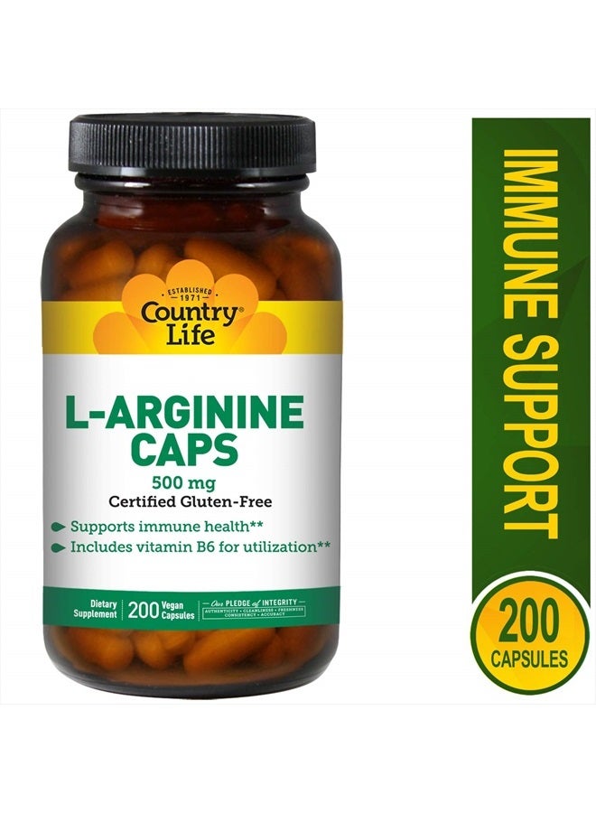 L-Arginine Caps with Vitamin B-6, 500mg, 200 Vegan Capsules, Certified Gluten Free, Certified Vegan