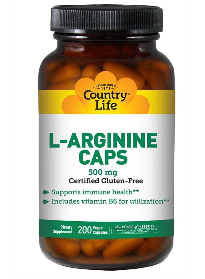 L-Arginine Caps with Vitamin B-6, 500mg, 200 Vegan Capsules, Certified Gluten Free, Certified Vegan