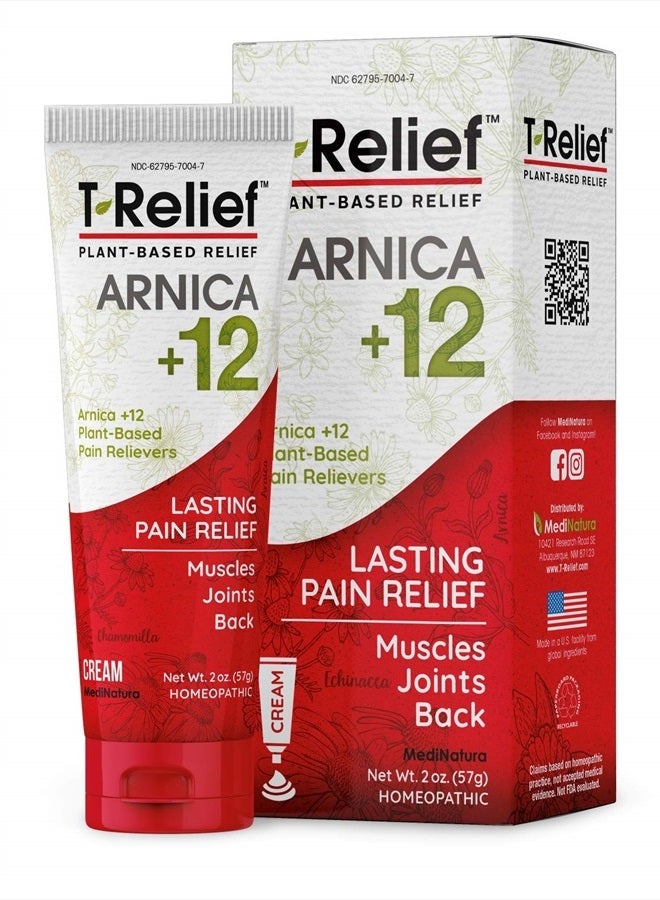 T-Relief Arnica +12 Cream Natural Relieving Actives for Back Pain Joint Soreness Muscle Aches & Stiffness Whole Body Fast-Acting Relief for Women & Men - 2 oz