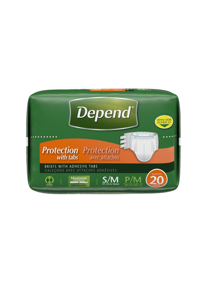 Depend Protection with Tabs, Maximum Briefs S/M, 20 Count 19-34 in Waist