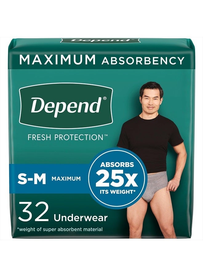 Fresh Protection Adult Incontinence Underwear for Men (Formerly Depend Fit-Flex), Disposable, Maximum, Small/Medium, Grey, 32 Count, Packaging May Vary