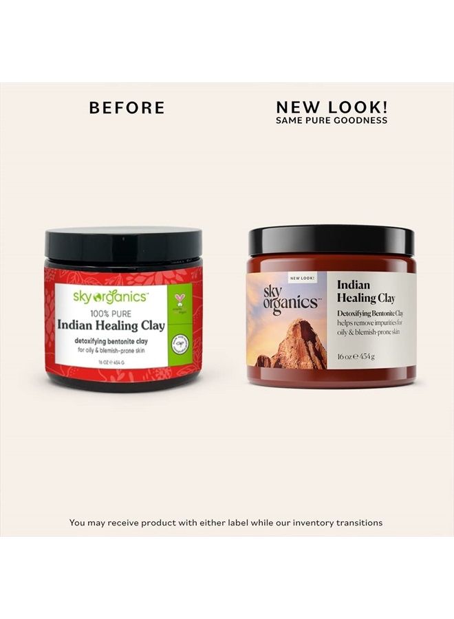 Indian Healing Clay with Detoxifying Bentonite Clay for Face, 100% Pure to Detoxify, Purify & Cleanse, 16 Oz.