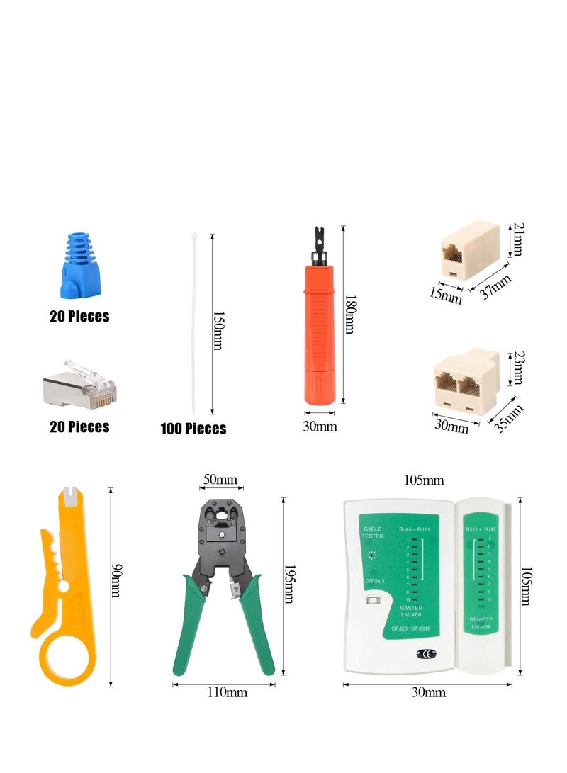 RJ45 Crimper Network Tool Kit, Cable Repair Maintenance Kit CAT5 CAT5e CAT6 Cable Tester Crimp Wire Stripper Ethernet Kit, Punch Down Tool with RJ11/RJ12/RJ45 Connectors