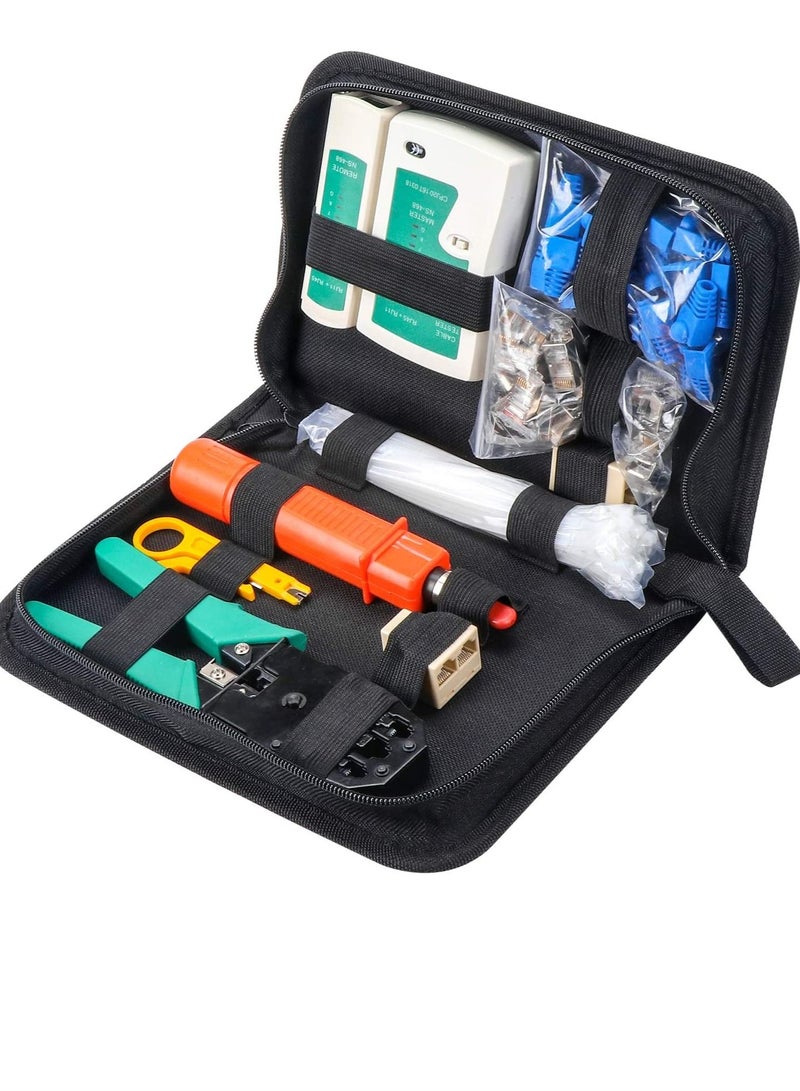 RJ45 Crimper Network Tool Kit, Cable Repair Maintenance Kit CAT5 CAT5e CAT6 Cable Tester Crimp Wire Stripper Ethernet Kit, Punch Down Tool with RJ11/RJ12/RJ45 Connectors