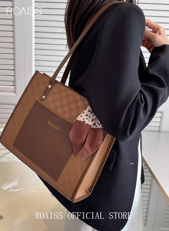 Women Leather Two Tone Tote Bag Ladies Geometric & Letter Embossed Twilly Scarf Decor Shoulder Tote Bag Women's Large Capacity Commuter Shoulder Bag