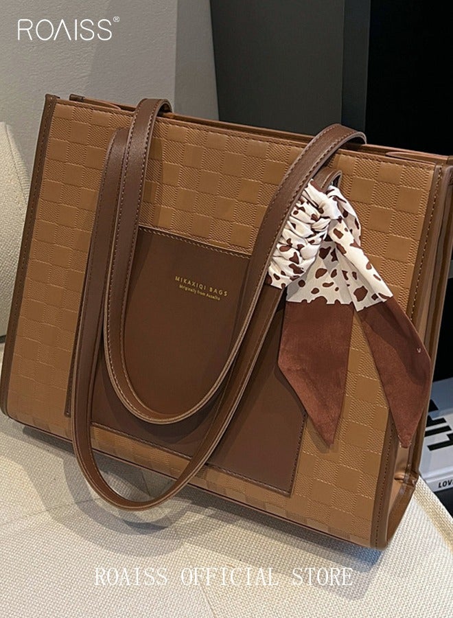 Women Leather Two Tone Tote Bag Ladies Geometric & Letter Embossed Twilly Scarf Decor Shoulder Tote Bag Women's Large Capacity Commuter Shoulder Bag