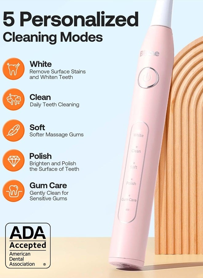 Ultrasonic Electric Toothbrush - Rechargeable Sonic Electric Toothbrush for Adults and Kids, Power Toothbrush with Holder, 8 Brush Heads, Smart Timer, Fast Charge, Pink D2