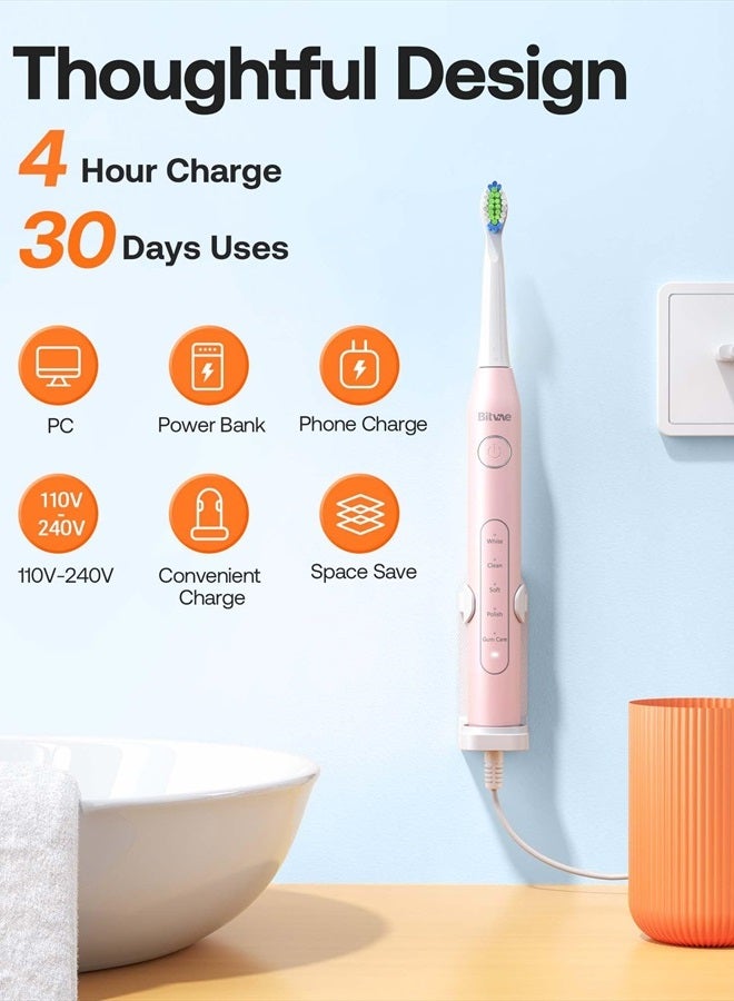 Ultrasonic Electric Toothbrush - Rechargeable Sonic Electric Toothbrush for Adults and Kids, Power Toothbrush with Holder, 8 Brush Heads, Smart Timer, Fast Charge, Pink D2