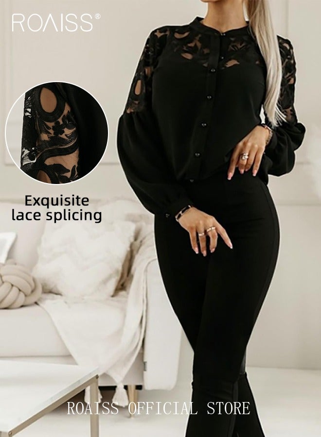 Fashion Lace Hollow Splicing Shirt Women'S Versatile Stand Collar Button Closure Daily Commuting Long Sleeve Top