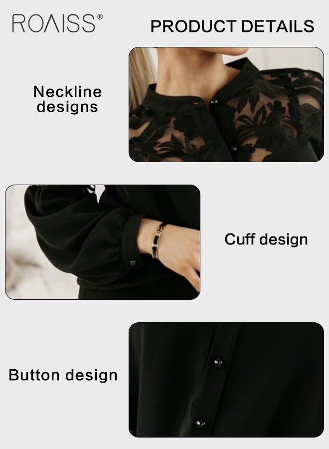 Fashion Lace Hollow Splicing Shirt Women'S Versatile Stand Collar Button Closure Daily Commuting Long Sleeve Top