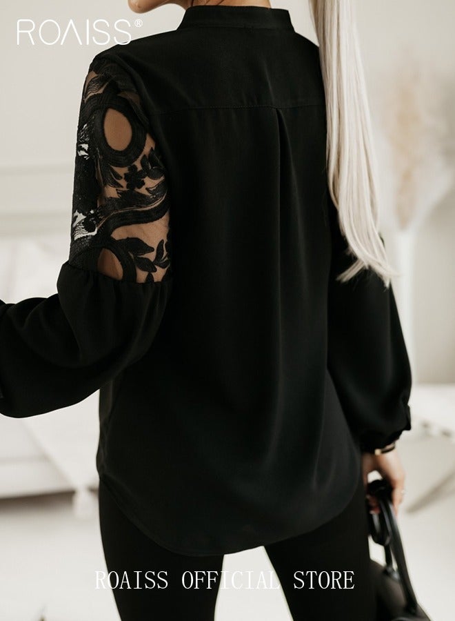 Fashion Lace Hollow Splicing Shirt Women'S Versatile Stand Collar Button Closure Daily Commuting Long Sleeve Top