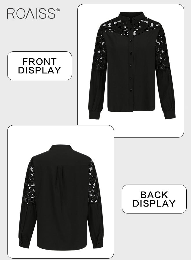 Fashion Lace Hollow Splicing Shirt Women'S Versatile Stand Collar Button Closure Daily Commuting Long Sleeve Top