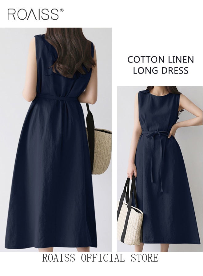 Ladies Comfortable High Waist Dress for Daily Commute Sleeveless Cotton Linen Dress with Simple Design and Soothing Solid Color Featuring Waist Design and Round Neckline