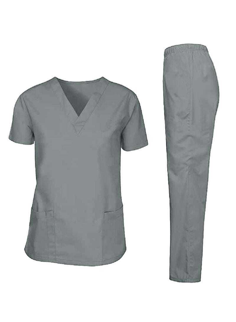 Scrubs Medical Uniform Unisex Top and Pants Grey Nurse Suit Set