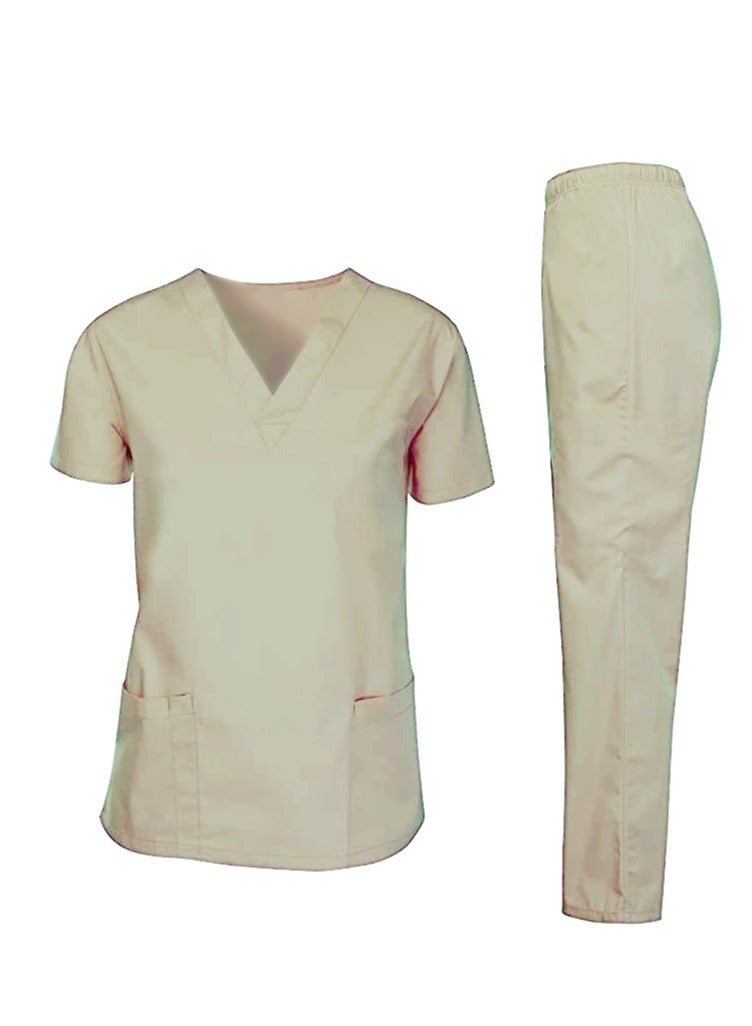 Scrubs Medical Uniform Unisex Top and Pants Beige Nurse Suit Set