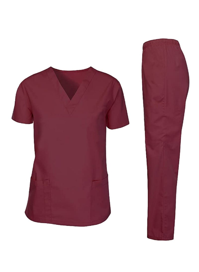 Scrubs Medical Uniform Top and Pants Maroon Nurse Suit Set