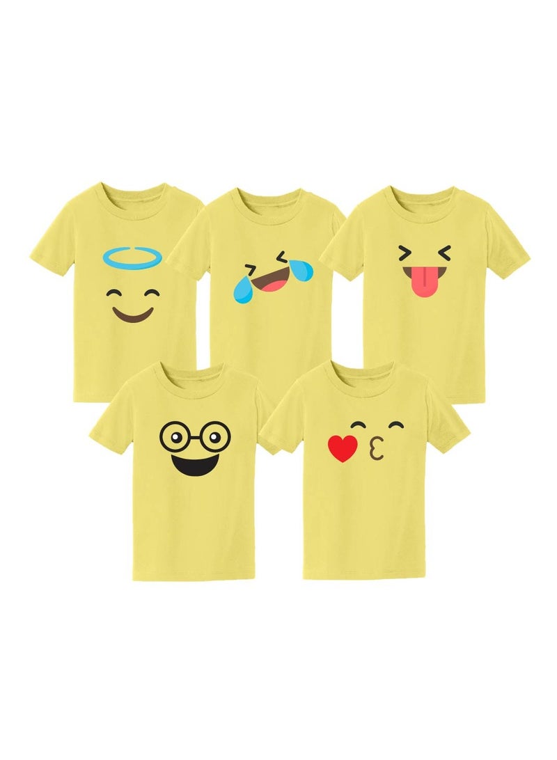 Pack of 5 Kids Yellow Smiley Face T-Shirts - Kids Unisex Round Neck Cotton Short Sleeve Tees - Soft and Comfortable Emoji T-Shirts for Kids