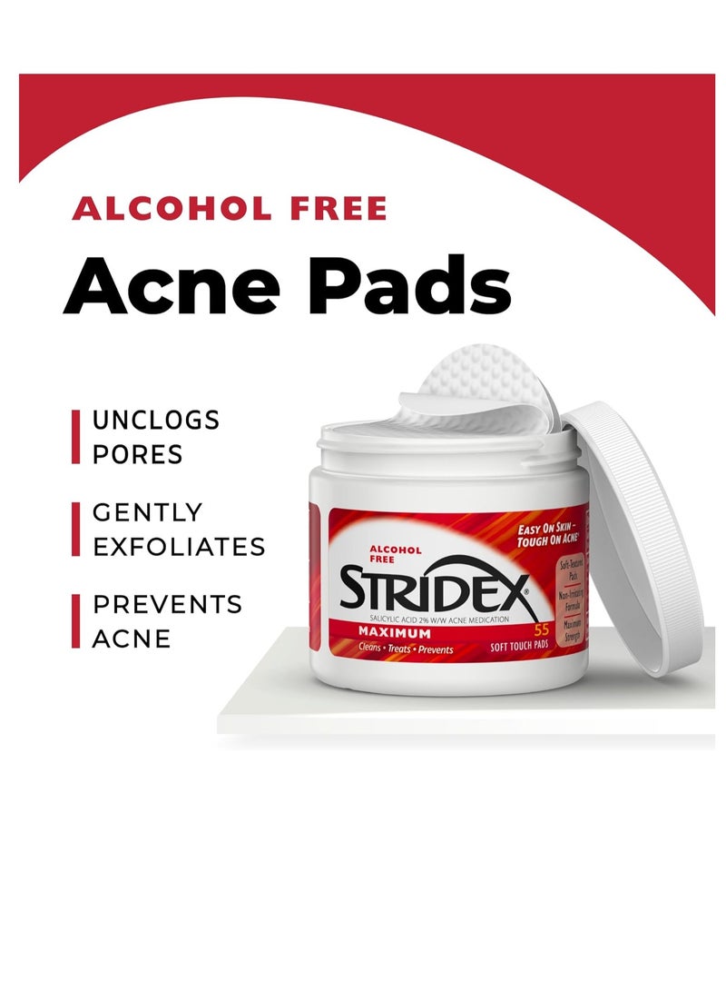 Stridex Medicated Acne Pads, Maximum, 55 Count – Facial Cleansing Wipes, Alcohol Free, Acne Treatment for Face, For Moderate Acne, Smooth Application