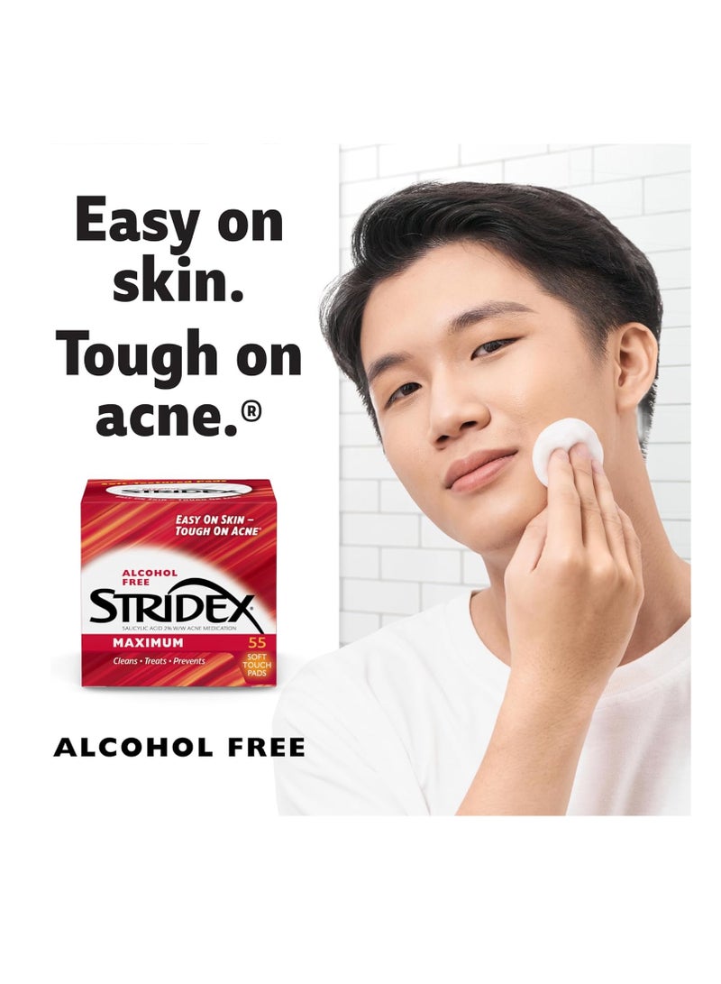 Stridex Medicated Acne Pads, Maximum, 55 Count – Facial Cleansing Wipes, Alcohol Free, Acne Treatment for Face, For Moderate Acne, Smooth Application