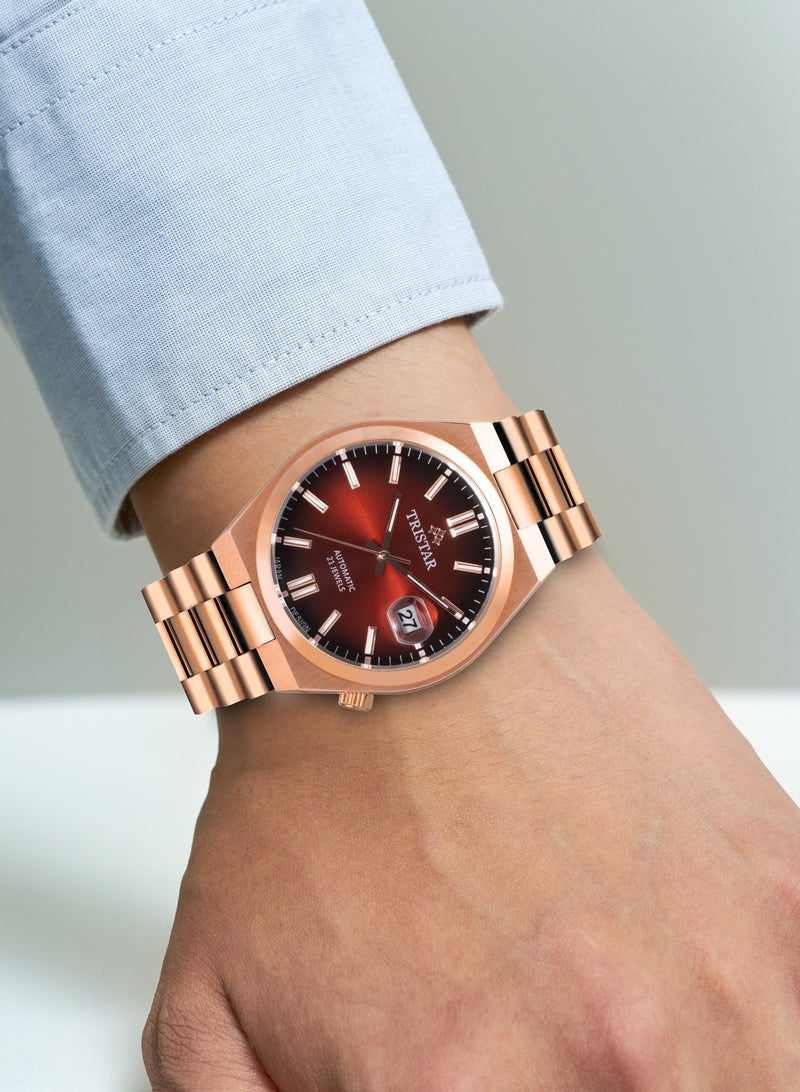 NJ Series Men's Automatic Watch Scarlet Red Index Dial Rose Gold Bracelet Wrist Watch for Men