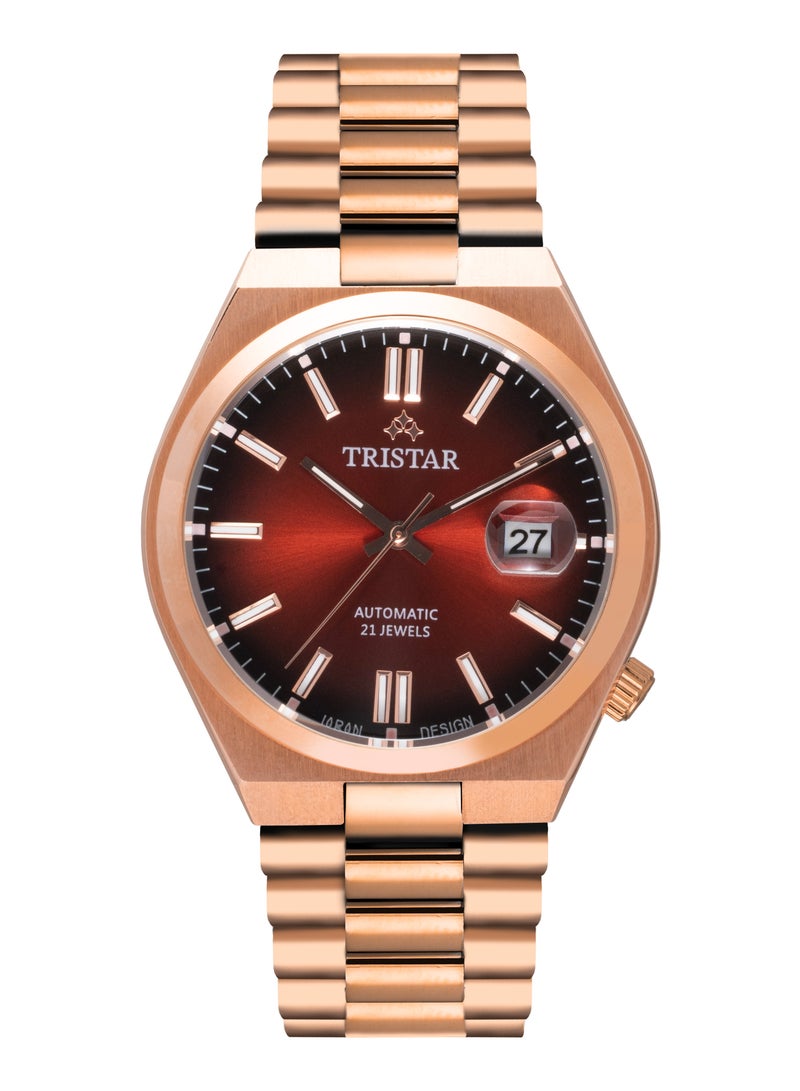 NJ Series Men's Automatic Watch Scarlet Red Index Dial Rose Gold Bracelet Wrist Watch for Men