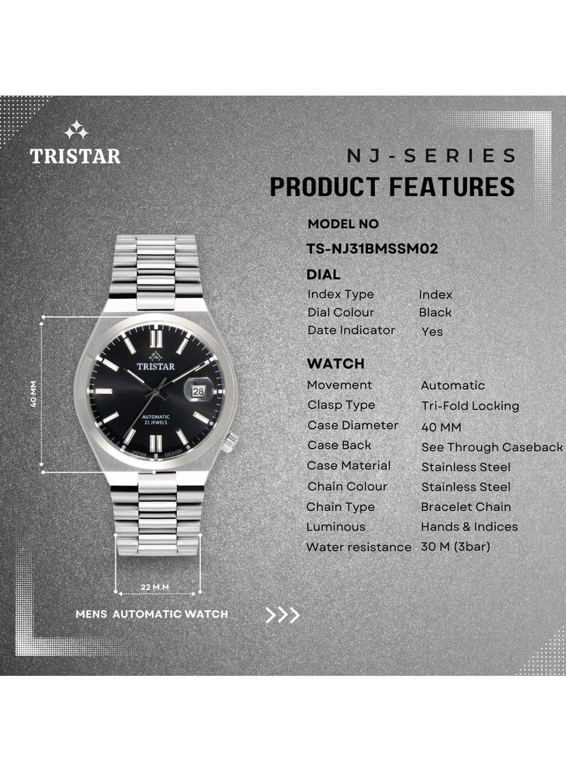 NJ Series Men's Automatic Watch Black Index Dial Stainless Steel Bracelet Wrist Watch for Men