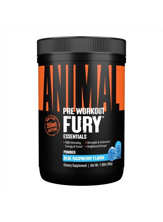 Fury - Pre Workout Powder Supplement for Energy and Focus - 5g BCAA, 350mg Caffeine Nitric Oxide Without Creatine - Powerful Stimulant for Bodybuilders - Blue Raspberry - 30 Servings, 17.3 Oz