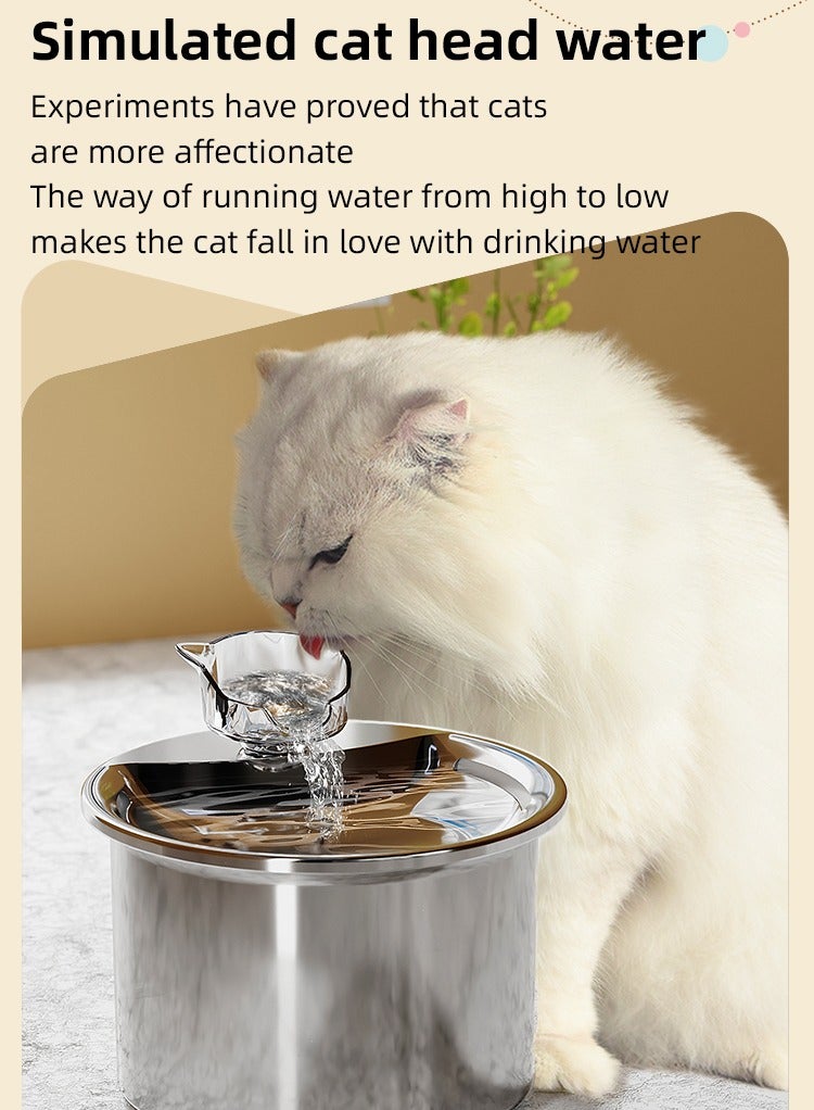 Pet Water Fountain 304 Stainless Steel, 2L Automatic Water Dispenser with Ultra-Quiet Pump with Filters Drinking Bowl for Cats