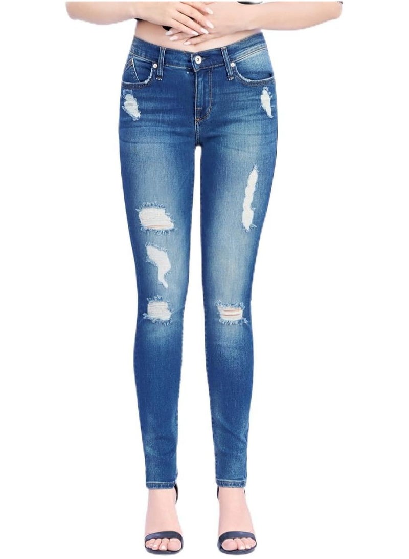 Web Denim Blue Highwaist Skinny Stretchable Straight Ripped Denim Pant Fashionable Comfort Fit Casual Cotton Jeans With Pockets For Women