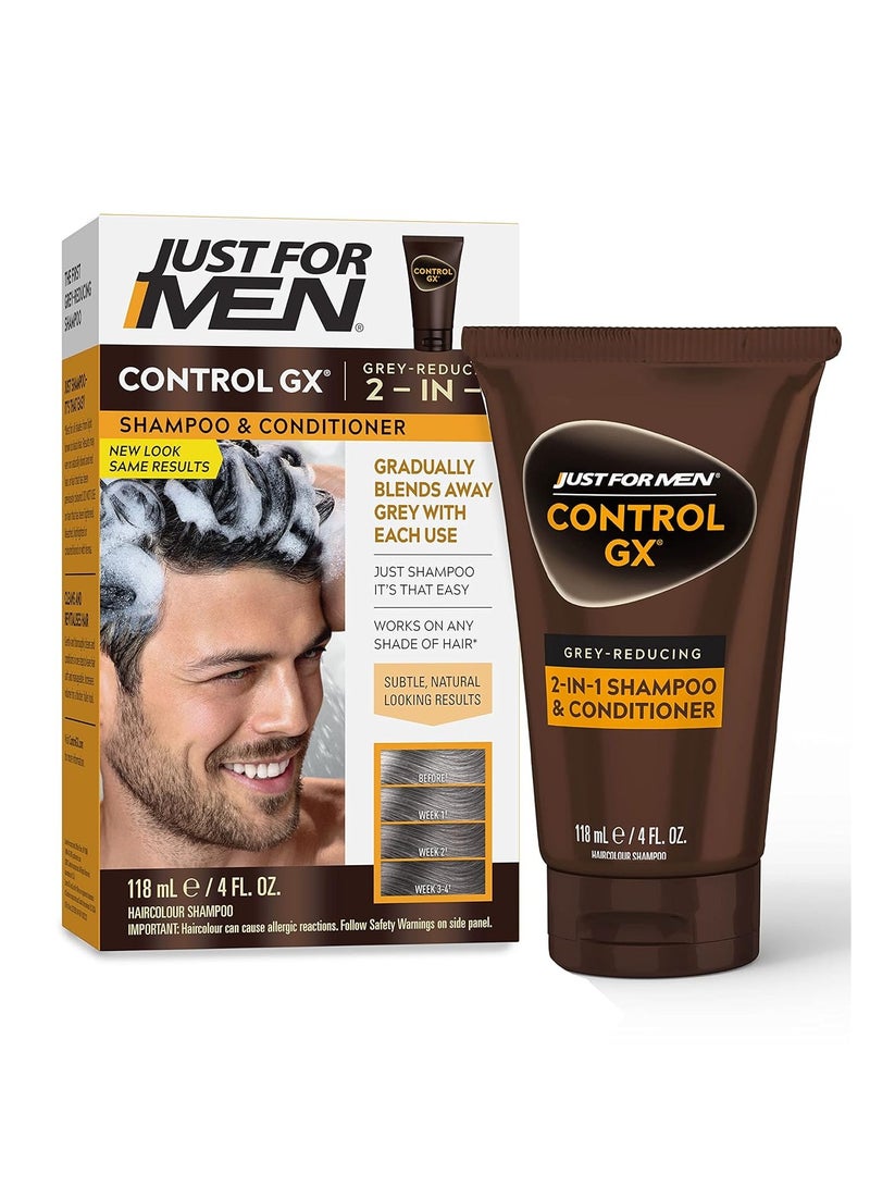 Just For Men Control GX Grey Reducing 2-in-1 Shampoo and Conditioner, Gradual Hair Color for Stronger and Healthier Hair, 4 Fl Oz - Pack of 1 (Packaging May Vary)