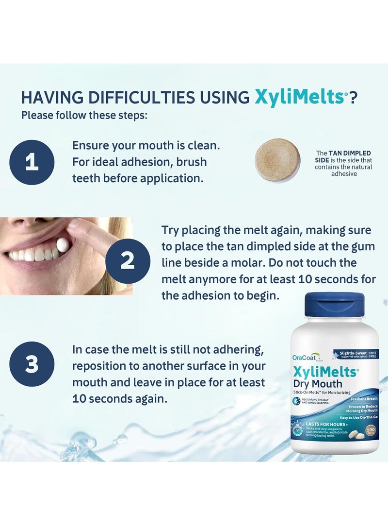 OraCoat XyliMelts Dry Mouth Relief Oral Adhering Discs, Slightly Sweet with Xylitol, for Dry Mouth, Stimulates Saliva, Non-Acidic, Day and Night Use, Time Release for up to 8 Hours, 100 Count