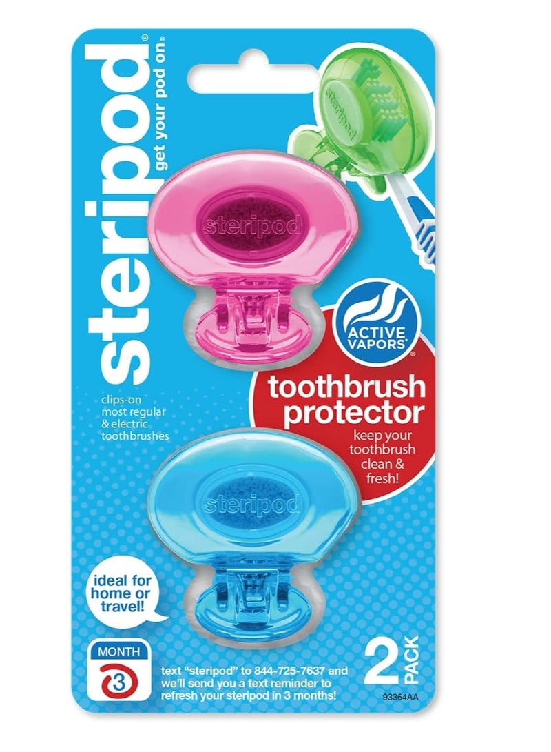 Steripod Clip-On Toothbrush Protector, Keeps Toothbrush Fresh and Clean, Fits Most Manual and Electric Toothbrushes, 2 Count (Pack of 1) - Color may vary