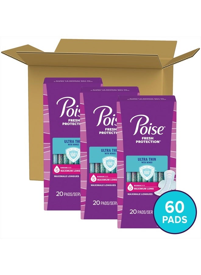 Ultra Thin Incontinence Pads with Wings & Postpartum Incontinence Pads, 5 Drop Maximum Absorbency, Long Length, 60 Count (3 Packs of 20), Packaging May Vary