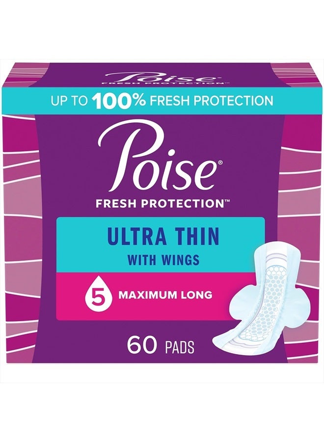 Ultra Thin Incontinence Pads with Wings & Postpartum Incontinence Pads, 5 Drop Maximum Absorbency, Long Length, 60 Count (3 Packs of 20), Packaging May Vary