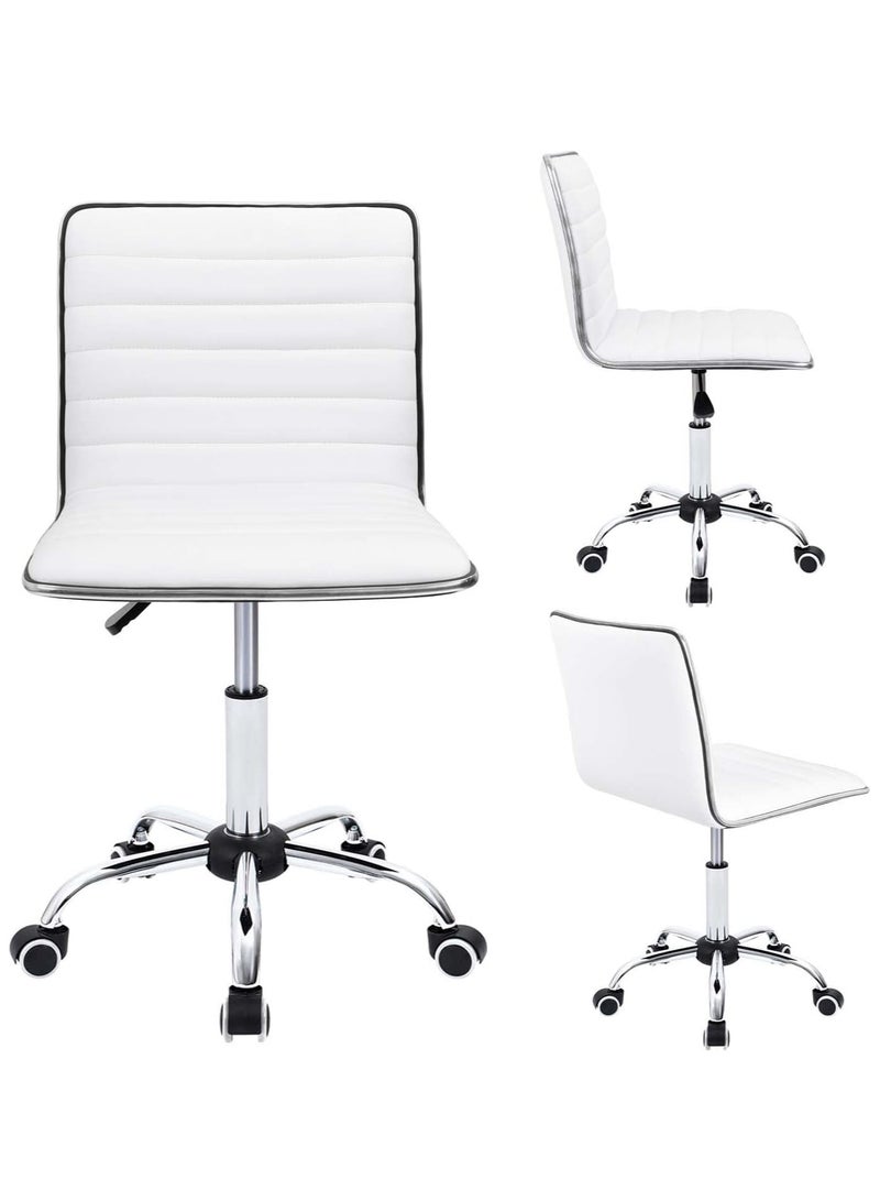 Mahmayi White Leather Swivel Executive Chair Stylish Ribbed Mid Back Design Ideal for Office, Home and Workspace