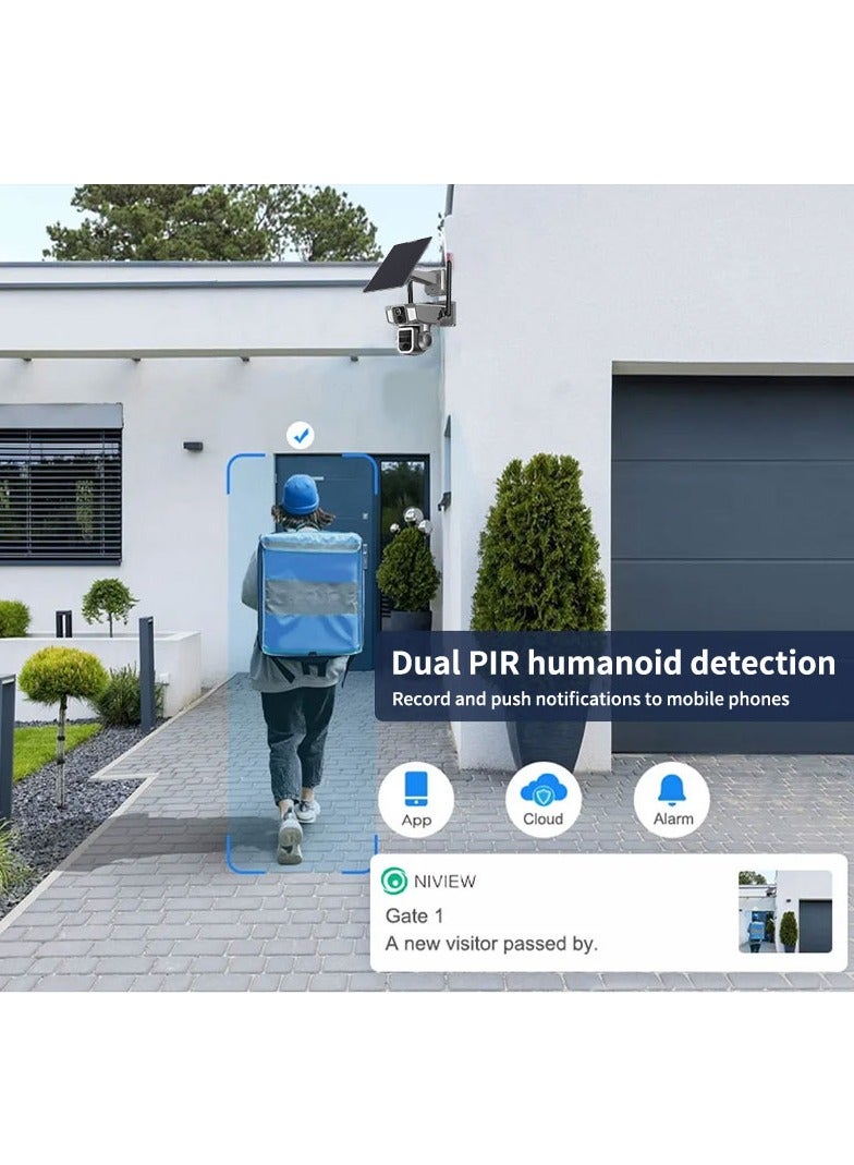 4G & Wi-Fi Two Modes of Internet Access Multi-lens 4K/5MP Solar Powered PTZ Camera 360° View Video Surveillance System, Motion Detection, Full-Color Night Vision, 2-Way Audio, Pan Tilt, Cloud Storage