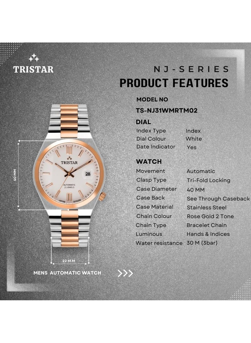 NJ Series Men's Automatic Watch White Index Dial 2 Tone Rose Bracelet Wrist Watch for Men