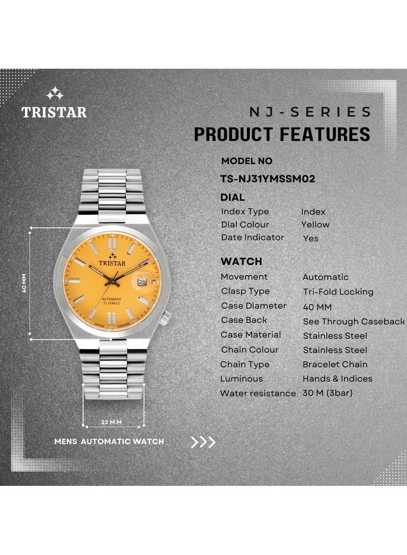 NJ Series Men's Automatic Watch Yellow Index Dial Stainless Steel Bracelet Wrist Watch for Men