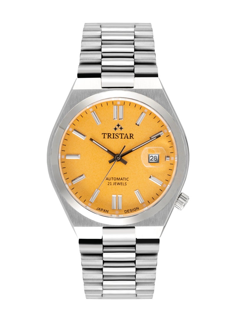 NJ Series Men's Automatic Watch Yellow Index Dial Stainless Steel Bracelet Wrist Watch for Men