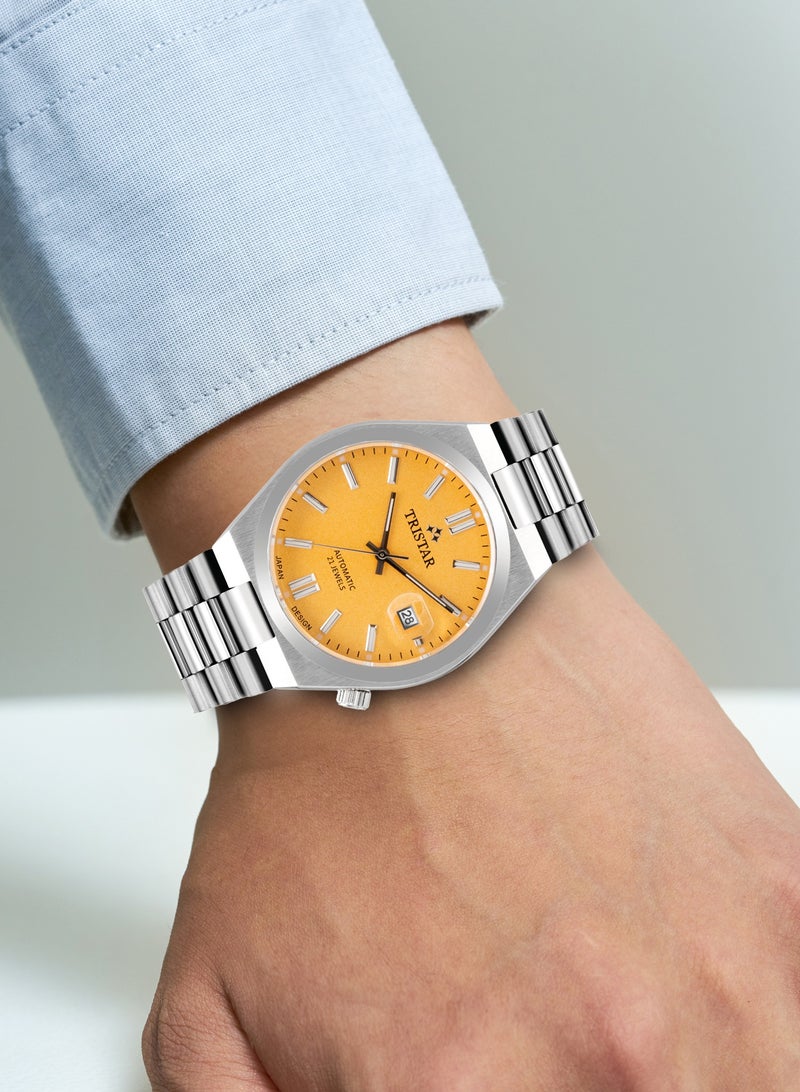 NJ Series Men's Automatic Watch Yellow Index Dial Stainless Steel Bracelet Wrist Watch for Men