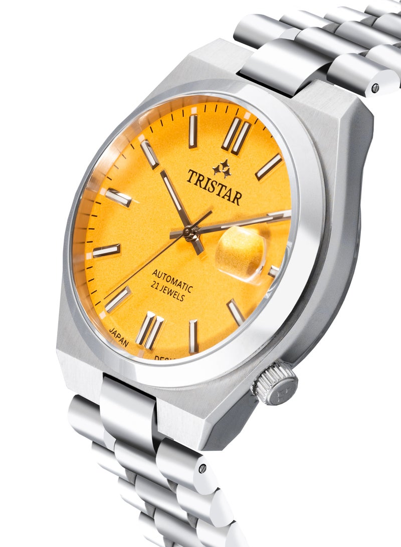 NJ Series Men's Automatic Watch Yellow Index Dial Stainless Steel Bracelet Wrist Watch for Men