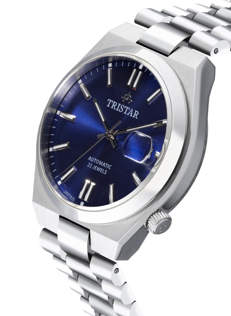 NJ Series Men's Automatic Watch Blue Index Dial Stainless Steel Bracelet Wrist Watch for Men