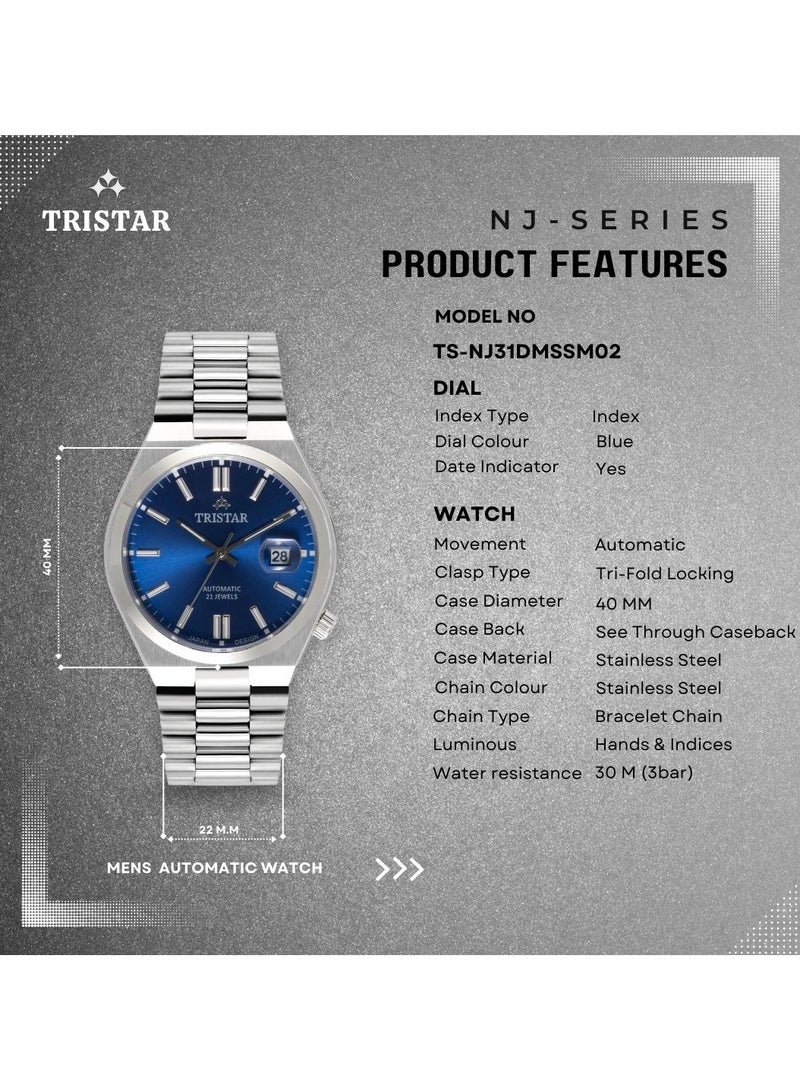 NJ Series Men's Automatic Watch Blue Index Dial Stainless Steel Bracelet Wrist Watch for Men