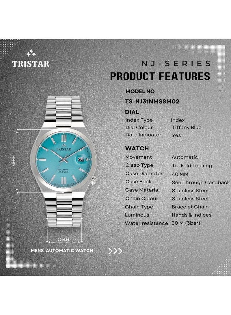 NJ Series Men's Automatic Watch Blue Turqoise Index Dial Stainless Steel Bracelet Wrist Watch for Men