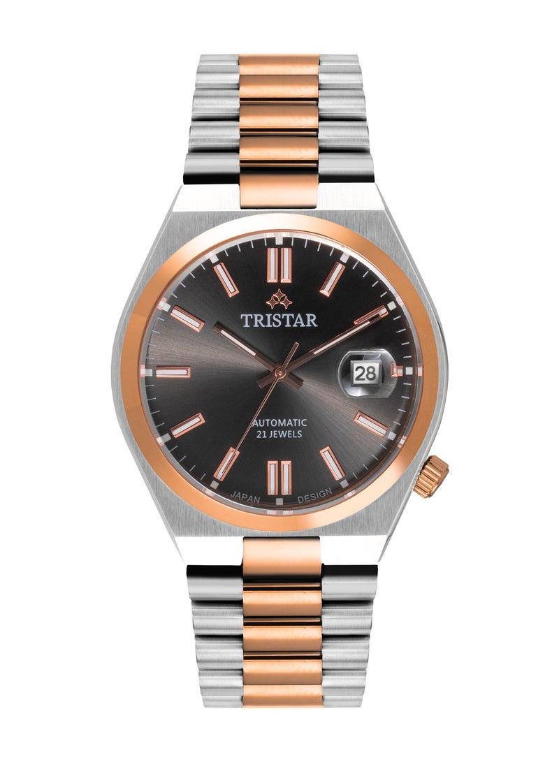 NJ Series Men's Automatic Watch Black Index Dial Rose Gold 2 Tone Bracelet Wrist Watch for Men