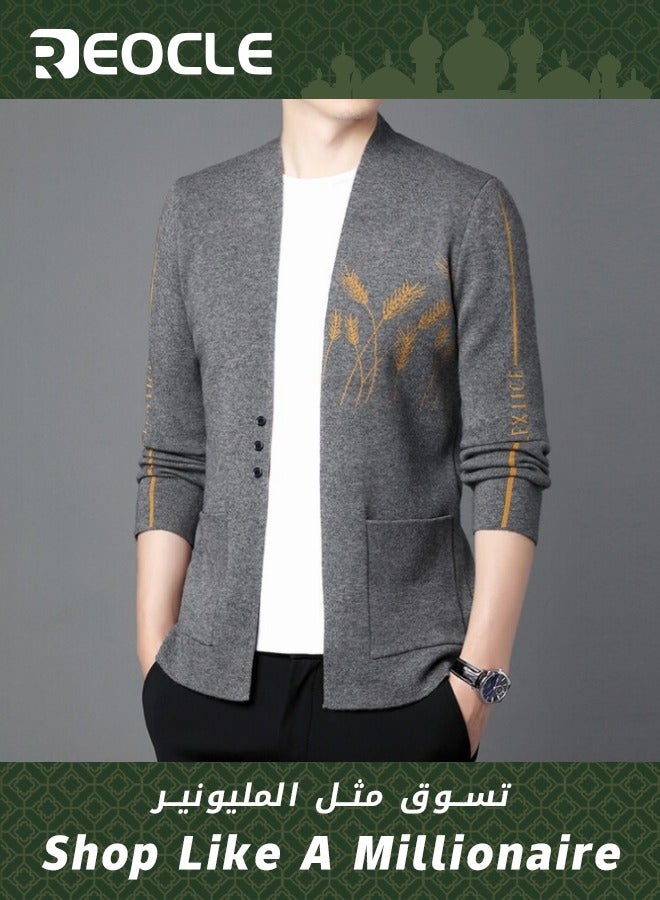 Men's Casual Knit Cardigan Sweaters Men Knitted Jackets with Wheat Pattern Long Sleeve Lightweight Comfortble Tops Coat Grey