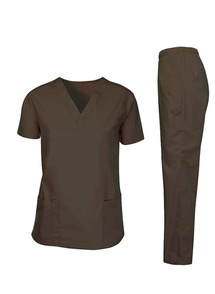 Scrubs Medical Uniform Unisex Top and Pants Brown Nurse Suit Set