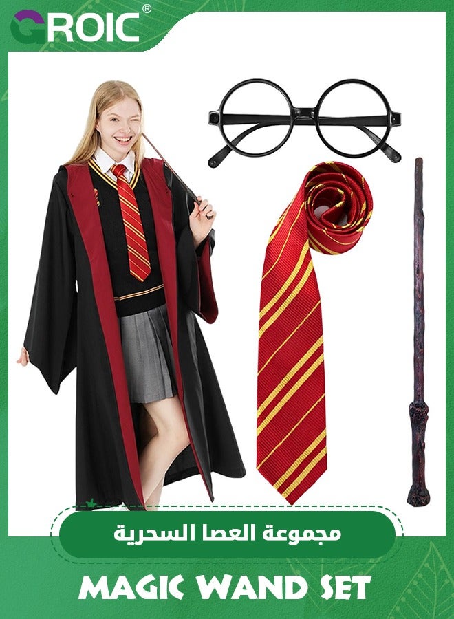 4 Pcs Harry Potter Costume Set, Harry Potter Gryffindor Deluxe Robe Costume Role Play for Kids, Magician Costume Set with Wand Tie Glasses, Harry Potter Fans Cosplay Accessory for 125 to 135 cm